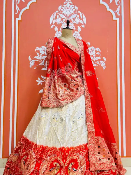 BANARSI ZARI WORK PEACOCK LEHENGA Red & White