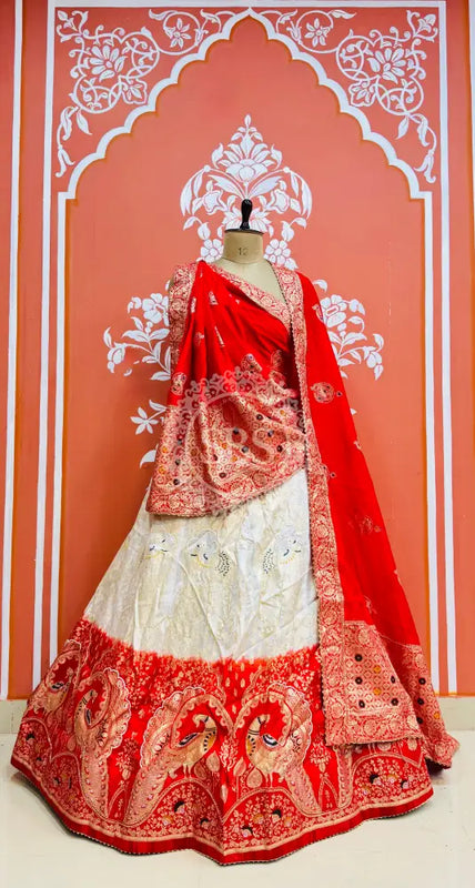 BANARSI ZARI WORK PEACOCK LEHENGA Red & White