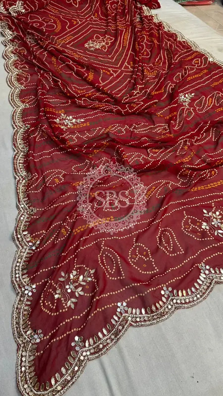 BHANDEJ CUTWORK GEORGETTE SAREE Red / Free Size