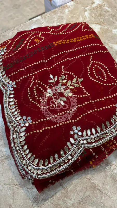 BHANDEJ CUTWORK GEORGETTE SAREE Red / Free Size