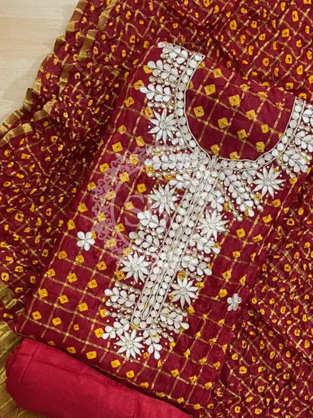 BHANDEJ GHATCHOLA SILK SUITS DRESS MATERIAL Maroon / Free Size