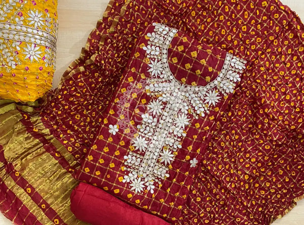 BHANDEJ GHATCHOLA SILK SUITS DRESS MATERIAL Maroon / Free Size