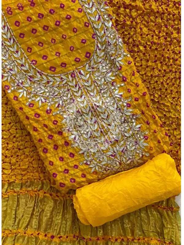 BHANDEJ GHATCHOLA SILK SUITS DRESS MATERIAL Mustard / Free Size