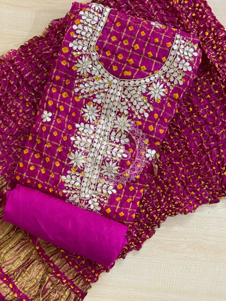 BHANDEJ GHATCHOLA SILK SUITS DRESS MATERIAL Pink / Free Size