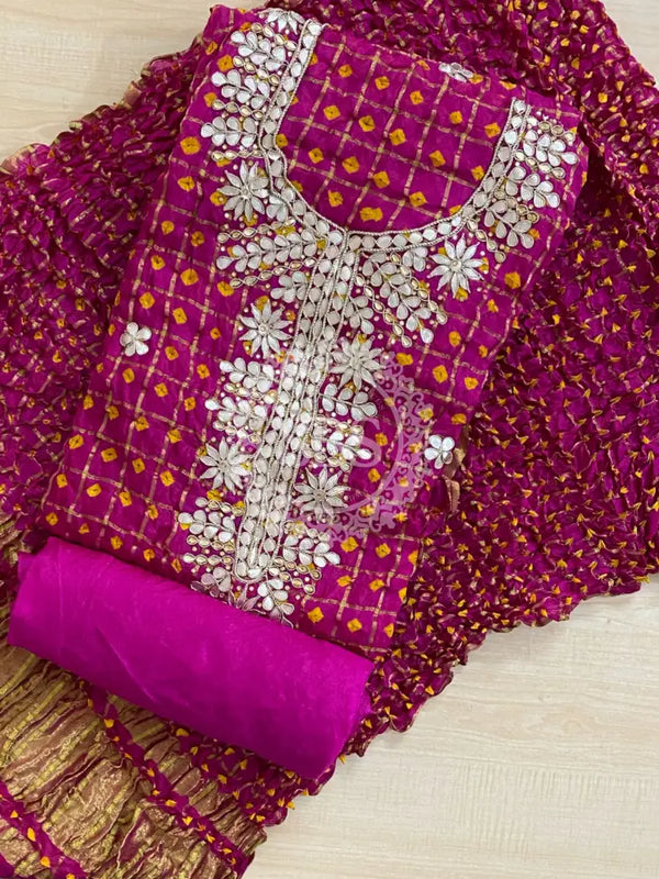 BHANDEJ GHATCHOLA SILK SUITS DRESS MATERIAL Pink / Free Size