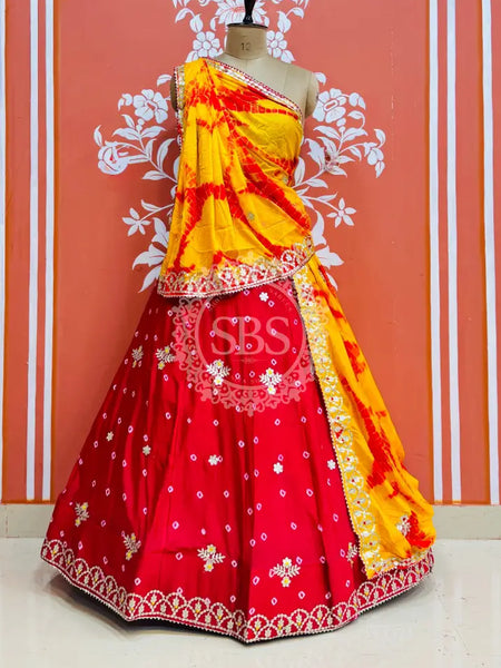 BHANDEJ GOTA PATTI CHINON LEHENGA Yellow & Red / Free Size