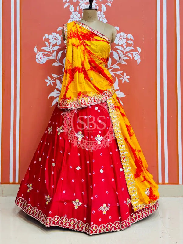 BHANDEJ GOTA PATTI CHINON LEHENGA Yellow & Red / Free Size