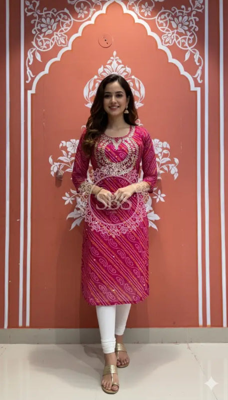 Bhandej Handwork Kurti 38 (L) / Dark Pink