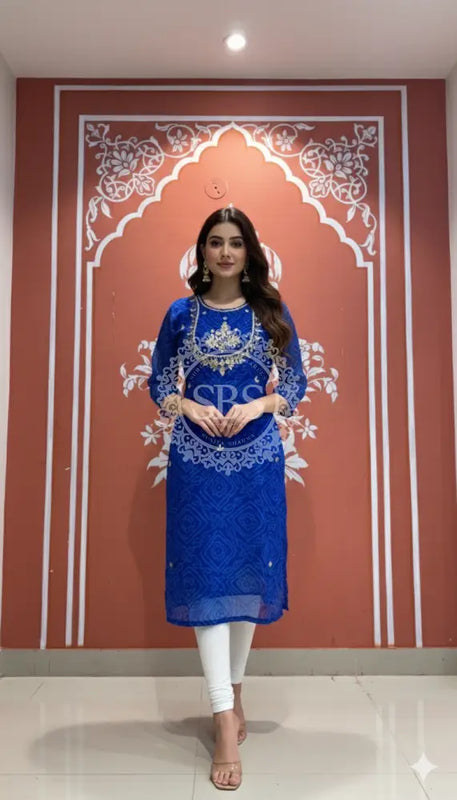 Bhandej Handwork Kurti 38 (L) / Navy Blue