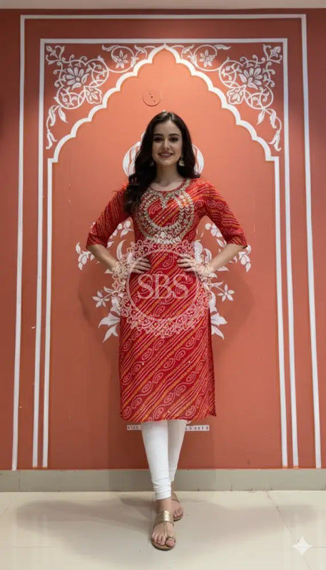 Bhandej Handwork Kurti 38 (L) / Red