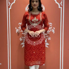 Bhandej Handwork Kurti 38 (L) / Red & Yellow