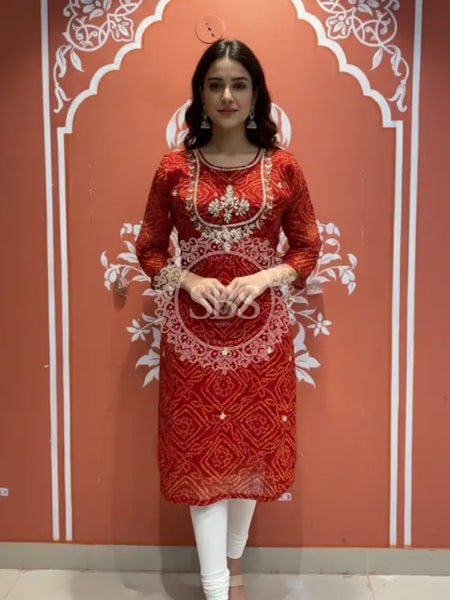 Bhandej Handwork Kurti 38 (L) / Red & Yellow