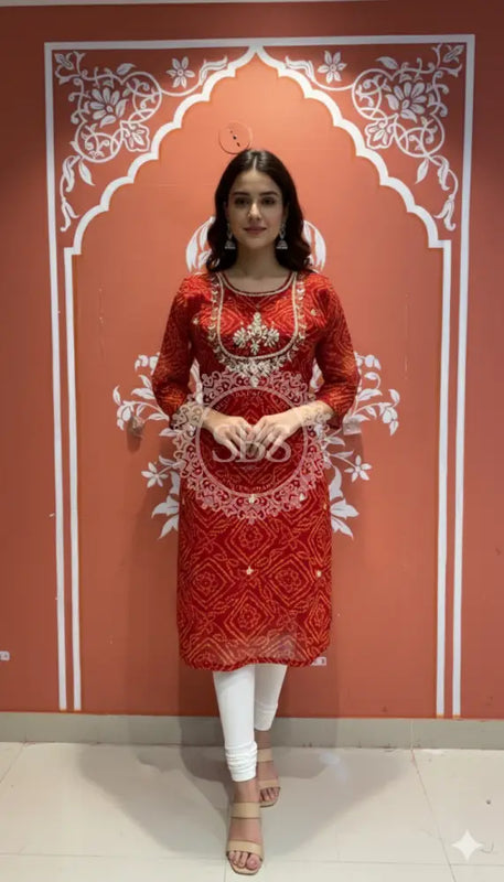 Bhandej Handwork Kurti 38 (L) / Red & Yellow