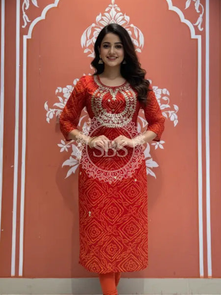 Bhandej Handwork Kurti 38 (L) / Red & Yellow