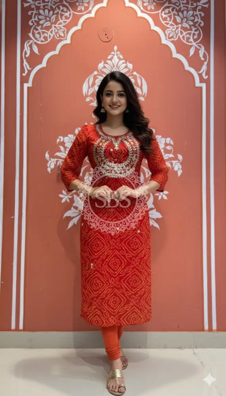 Bhandej Handwork Kurti 38 (L) / Red & Yellow