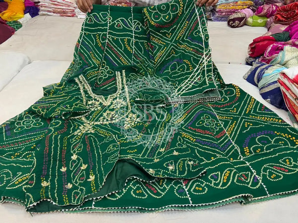 BHANDEJ SLIT KURTA SKIRT WITH DUPATTA INDO WESTERN Green / FREE SIZE (42 - 46) Female