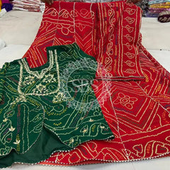 BHANDEJ SLIT KURTA SKIRT WITH DUPATTA INDO WESTERN GREEN & RED / FREE SIZE (42 - 46) Female