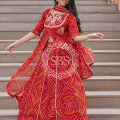 BHANDEJ SLIT KURTA SKIRT WITH DUPATTA INDO WESTERN Red / FREE SIZE (42 - 46) Female