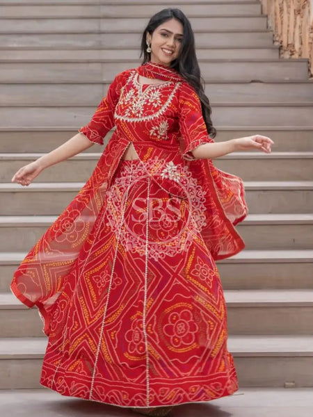BHANDEJ SLIT KURTA SKIRT WITH DUPATTA INDO WESTERN Red / FREE SIZE (42 - 46) Female