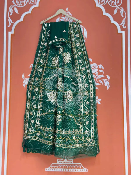 BHANDHANI PURE CHIFFON KACHI PATTI SAREE Green / Free Size