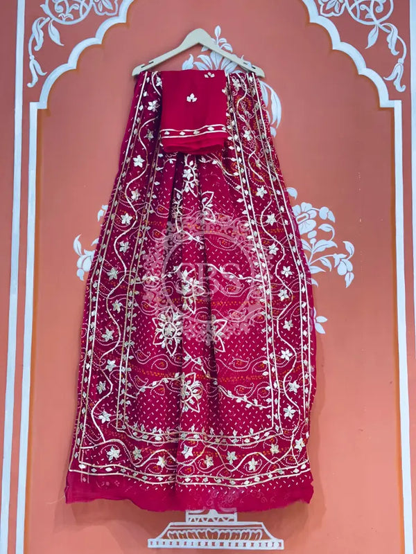 BHANDHANI PURE CHIFFON KACHI PATTI SAREE Magenta / Free Size