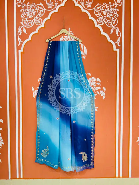 BOX DIE PURE CHIFFON MACHINE WORK SAREE Blue / Free Size