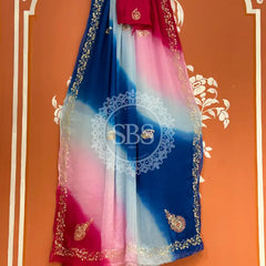 BOX DIE PURE CHIFFON MACHINE WORK SAREE Blue & Pink / Free Size