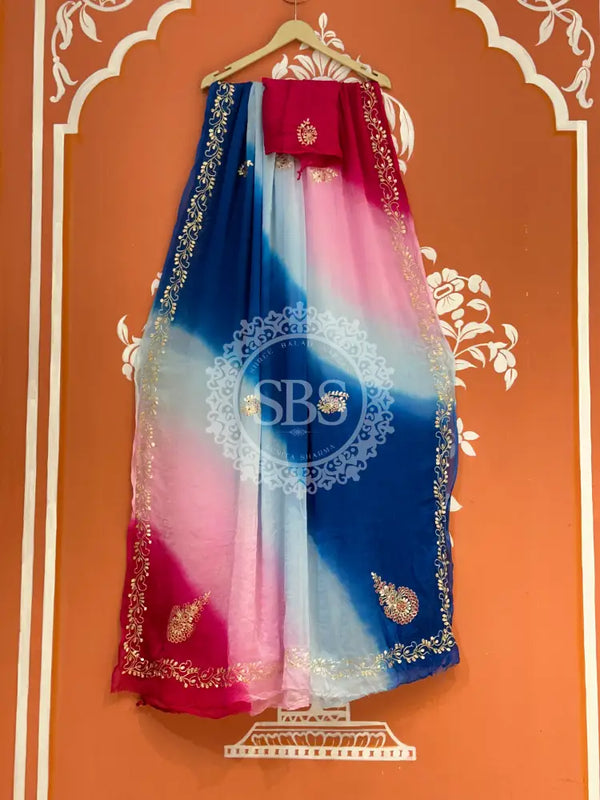 BOX DIE PURE CHIFFON MACHINE WORK SAREE Blue & Pink / Free Size