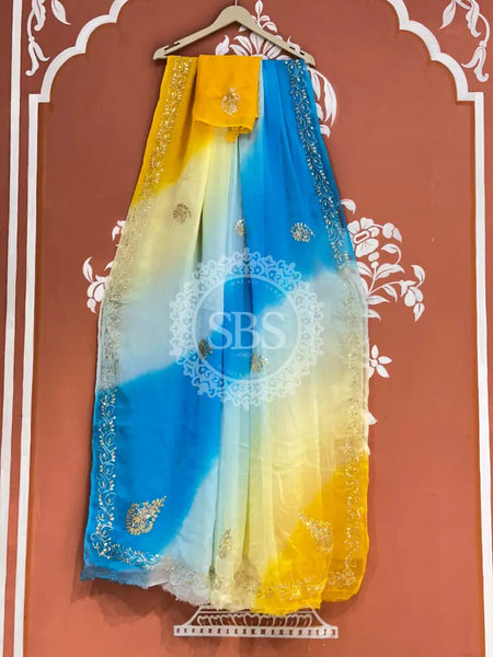 BOX DIE PURE CHIFFON MACHINE WORK SAREE Blue & Yellow / Free Size