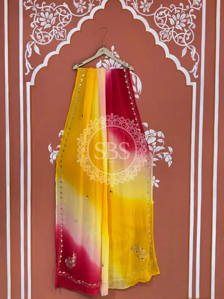 BOX DIE PURE CHIFFON MACHINE WORK SAREE Pink & Yellow / Free Size