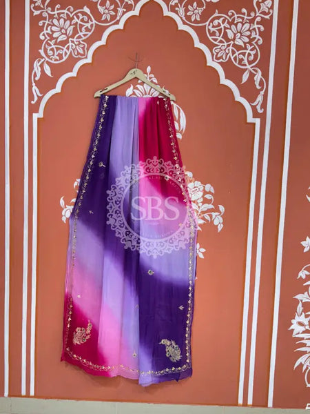 BOX DIE PURE CHIFFON MACHINE WORK SAREE Purple & Pink / Free Size