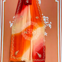 BOX DIE PURE CHIFFON MACHINE WORK SAREE Red & Orange / Free Size