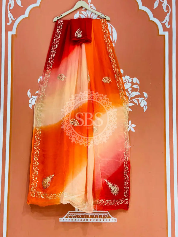 BOX DIE PURE CHIFFON MACHINE WORK SAREE Red & Orange / Free Size
