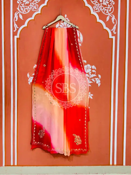 BOX DIE PURE CHIFFON MACHINE WORK SAREE Red & White / Free Size