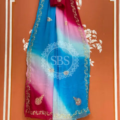 BOX DIE PURE CHIFFON MACHINE WORK SAREE Sky Blue & Pink / Free Size