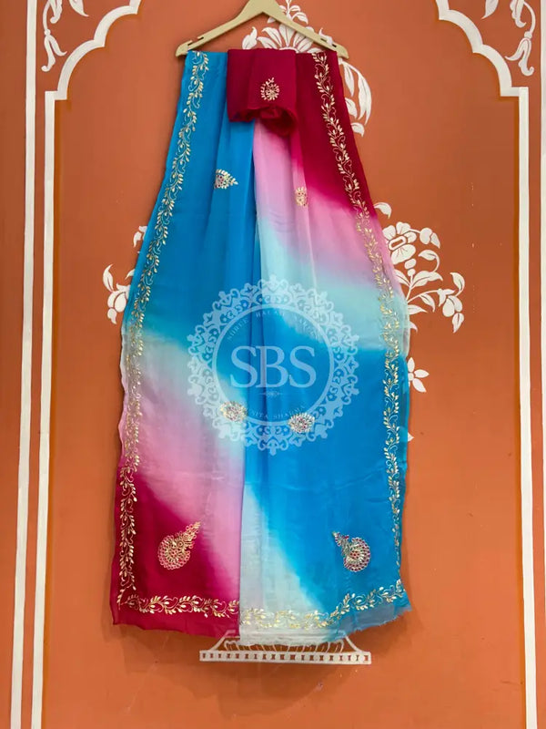 BOX DIE PURE CHIFFON MACHINE WORK SAREE Sky Blue & Pink / Free Size