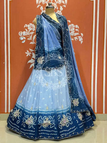 CHINO BHANDEJ KACCHI PATTI LEHENGA Blue / Free Size