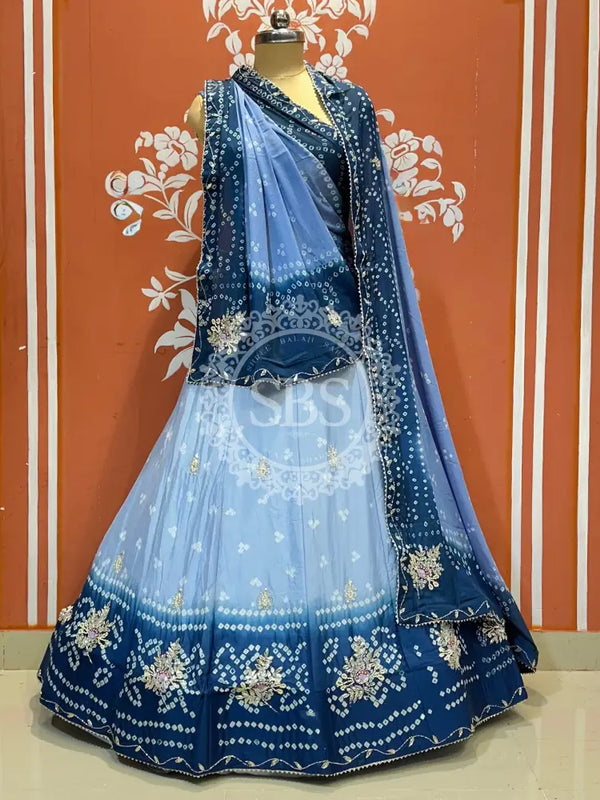 CHINO BHANDEJ KACCHI PATTI LEHENGA Blue / Free Size
