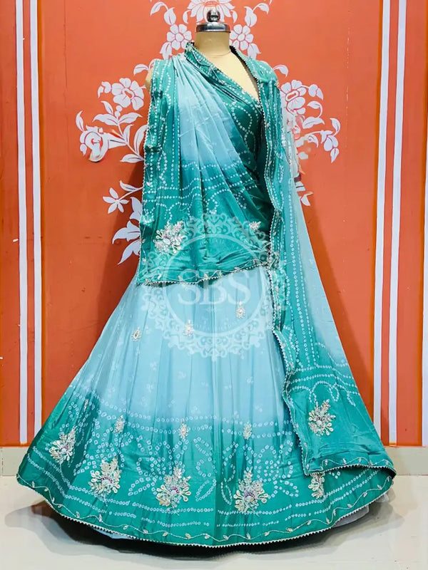 CHINO BHANDEJ KACCHI PATTI LEHENGA Green / Free Size