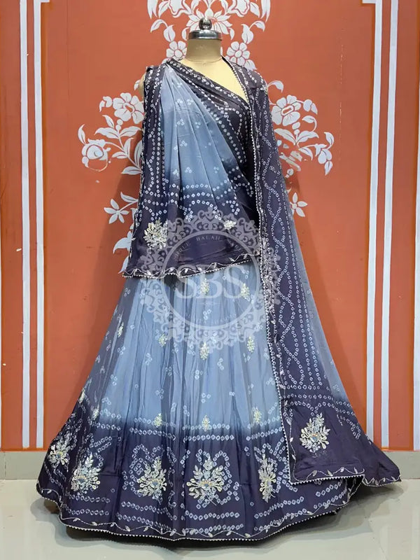 CHINO BHANDEJ KACCHI PATTI LEHENGA Indigo / Free Size