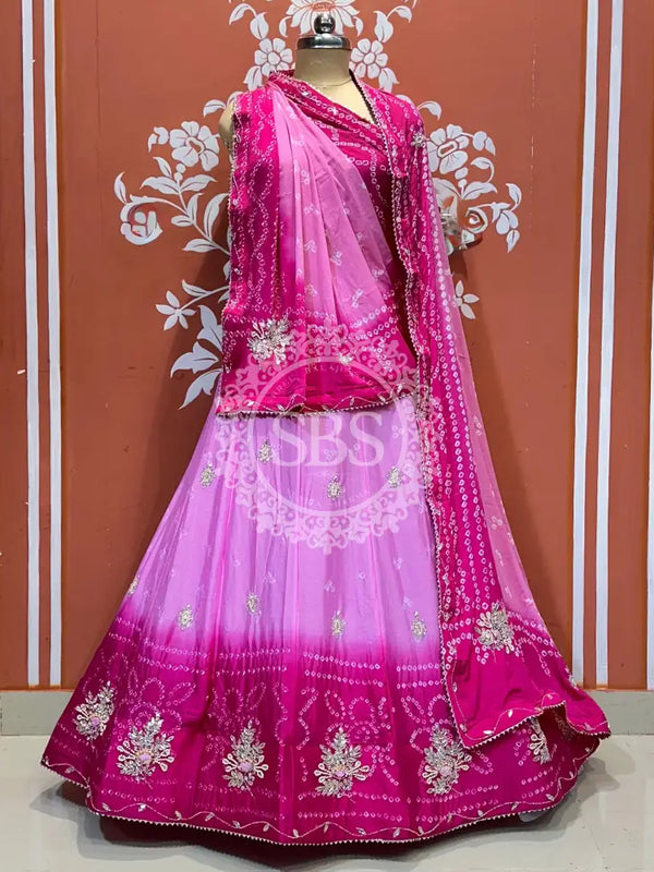 CHINO BHANDEJ KACCHI PATTI LEHENGA Pink / Free Size