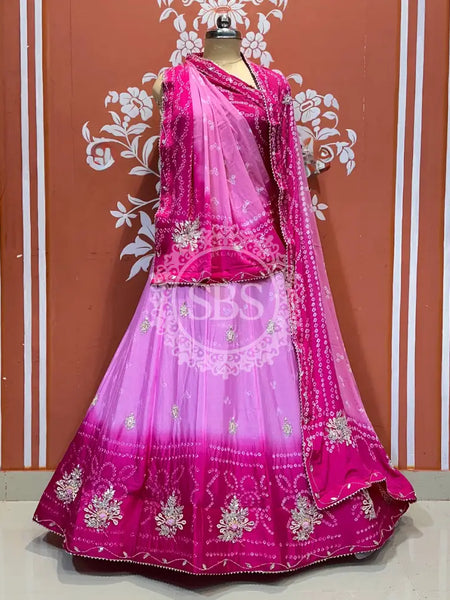 CHINO BHANDEJ KACCHI PATTI LEHENGA Pink / Free Size