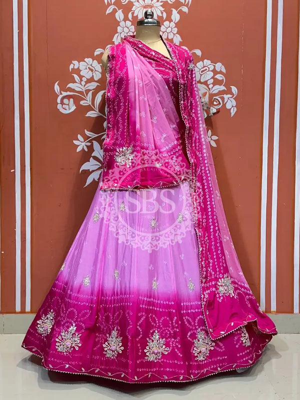 CHINO BHANDEJ KACCHI PATTI LEHENGA Pink / Free Size