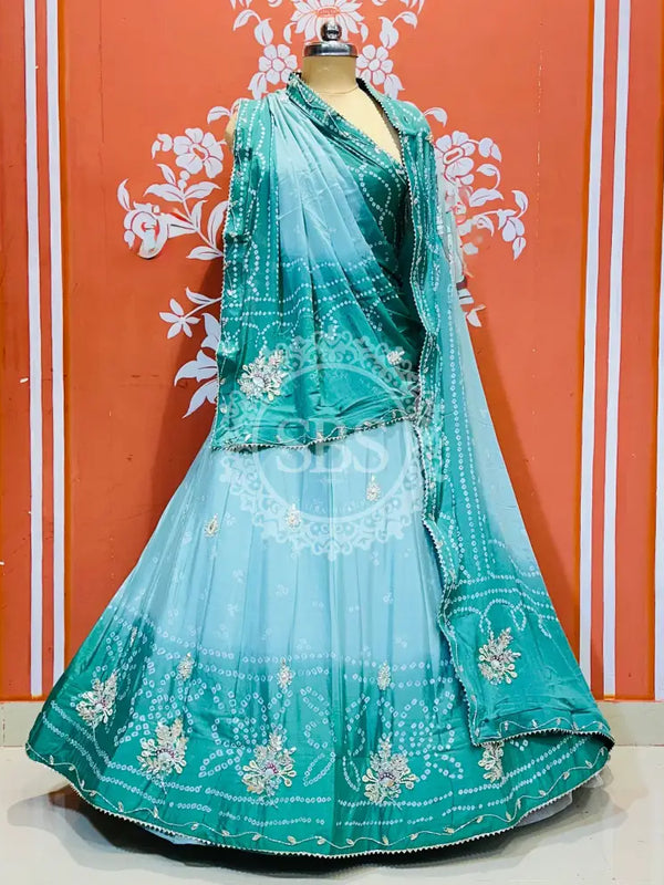 CHINO BHANDEJ KACCHI PATTI LEHENGA Sky Blue / Free Size