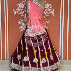 CHINON AARI GOTA PATTI WORK LEHERIYA LEHENGA Pink / Free Size