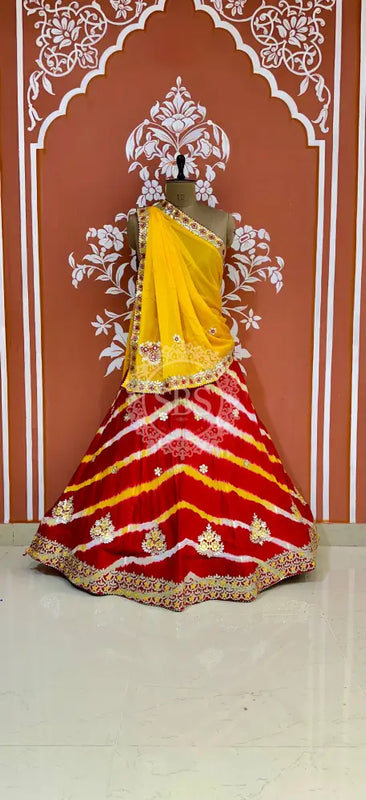 CHINON AARI GOTA PATTI WORK LEHERIYA LEHENGA Yellow / Free Size