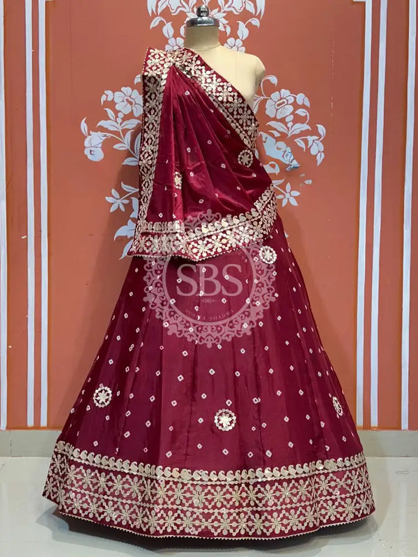 CHINON BHANDEJ KACCHI PATTI LEHENGA Maroon / Free Size