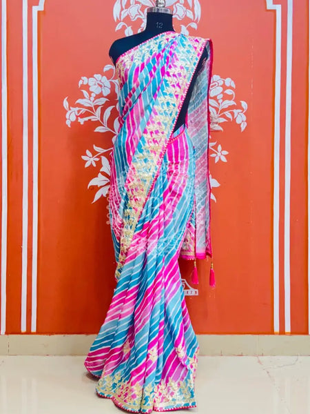 CHINON GOTA PATTI LEHERIYA SAREE Blue