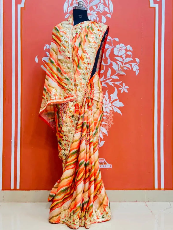 CHINON GOTA PATTI LEHERIYA SAREE Orange