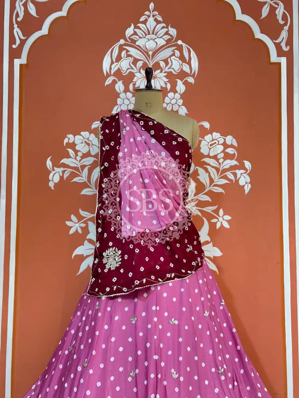 CHINON HANDWORK BHANDEJ LEHENGA Pink / Free Size